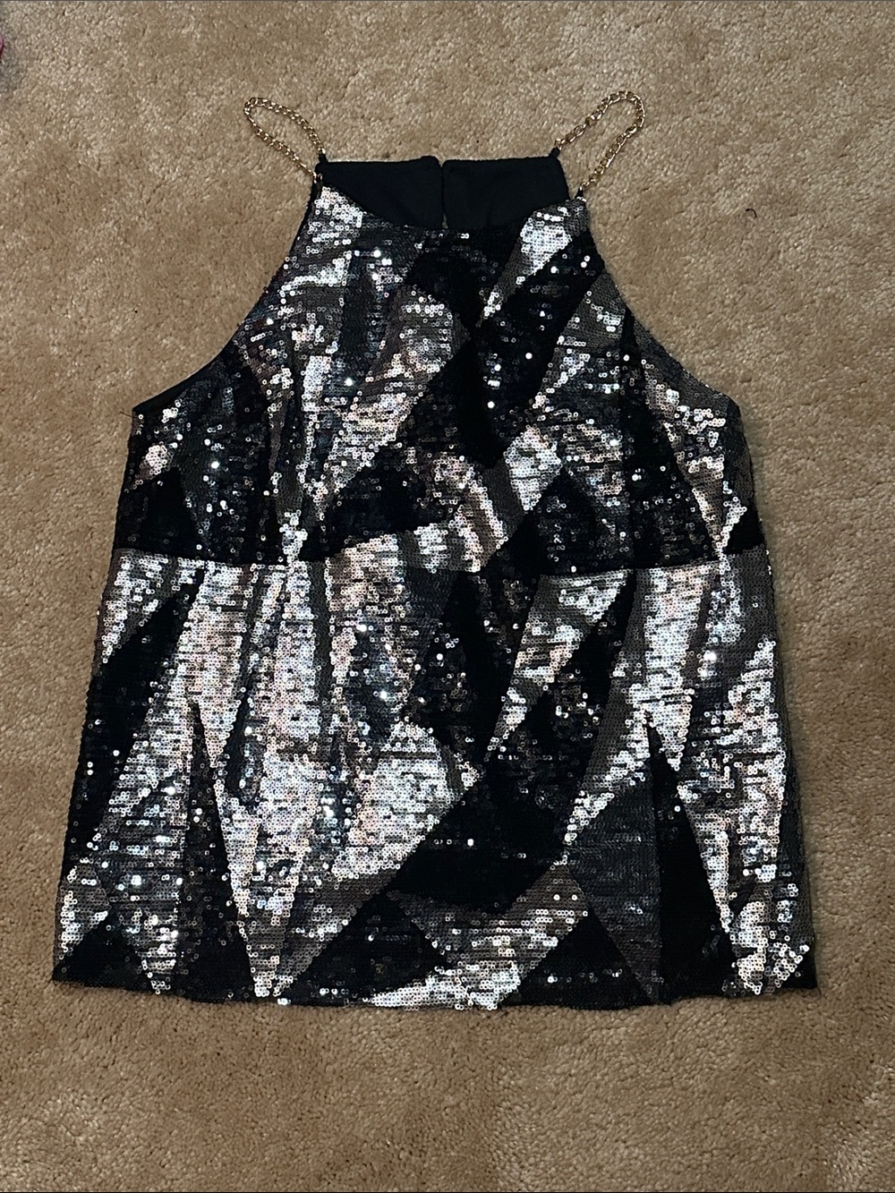 Black & Silver Sequin Halter Camisole with Chain Straps